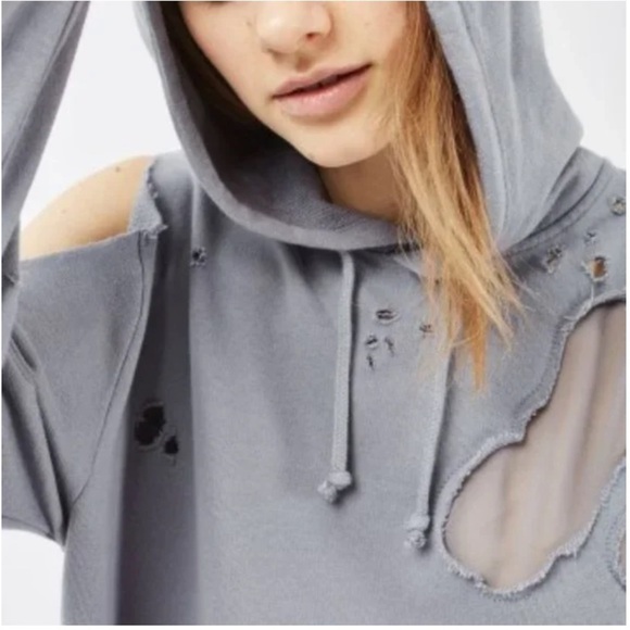 TOPSHOP Rare Cold Shoulder Distressed Ripped Sweatshirt Hoodie Size S - Picture 5 of 9
